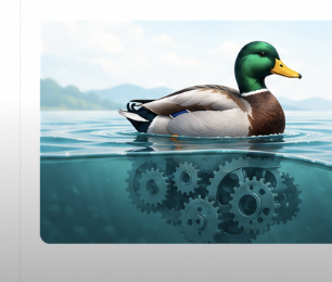 A calm duck on the surface with cogs working beneath the water
